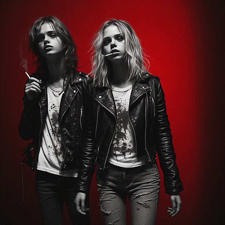 Chloe and Ash in leather jackets against a deep red wall