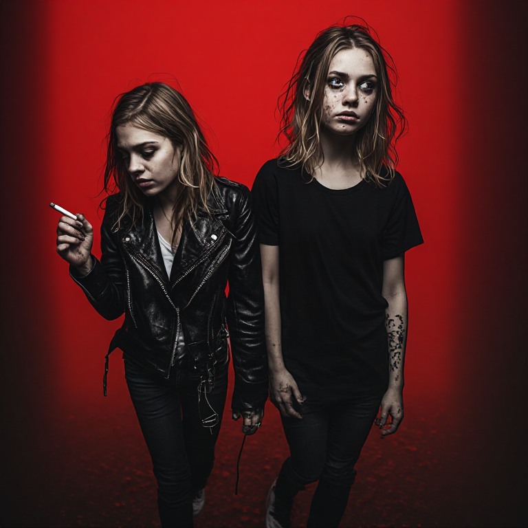 The sisters under harsh red light, Ash staring past the camera