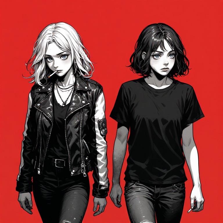 Illustrated panel of Chloe and Ash on a red background