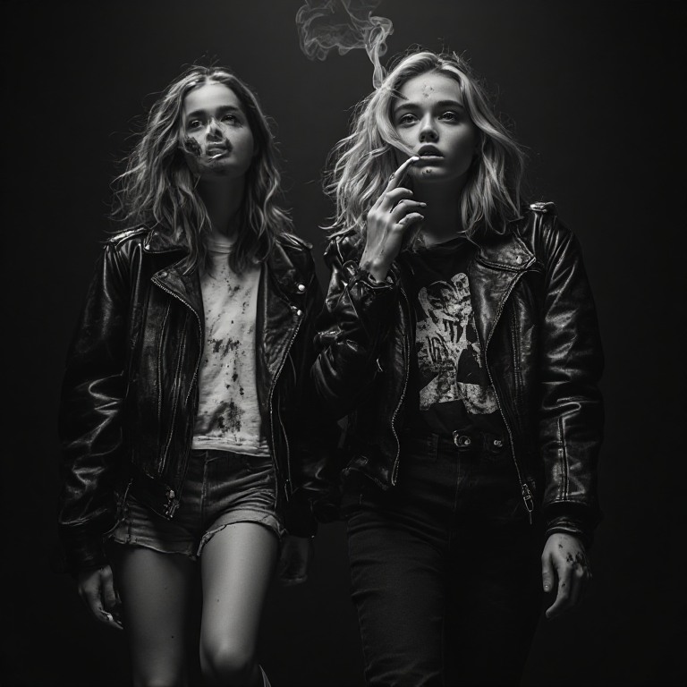 Black-and-white still of Chloe and Ash in the dark, smoke rising