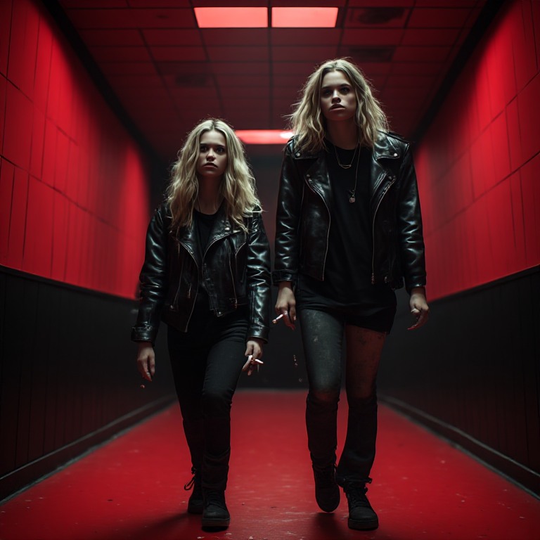 Chloe and Ash walking the looping red corridor