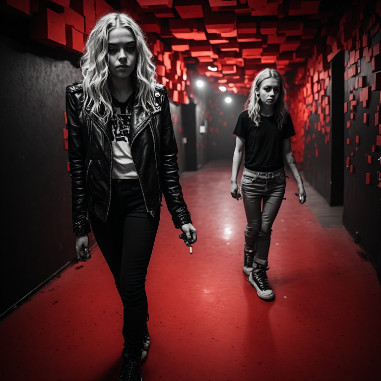 Chloe walks a red-lit corridor of the Backstage Between, Ash behind her