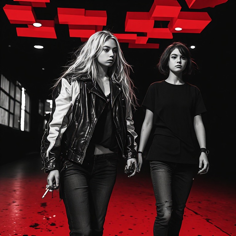 The duo beneath the red geometric ceiling of the club
